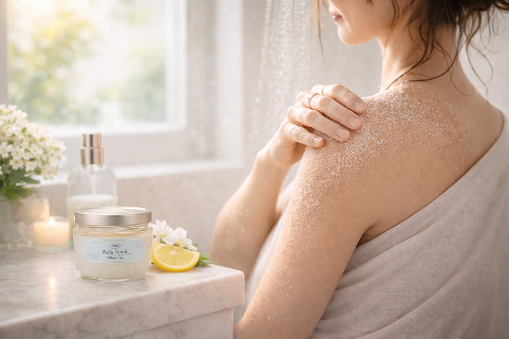 朝のシャワー後にSABONの香りを軽く楽しむ爽やかなバスルームのイメージ