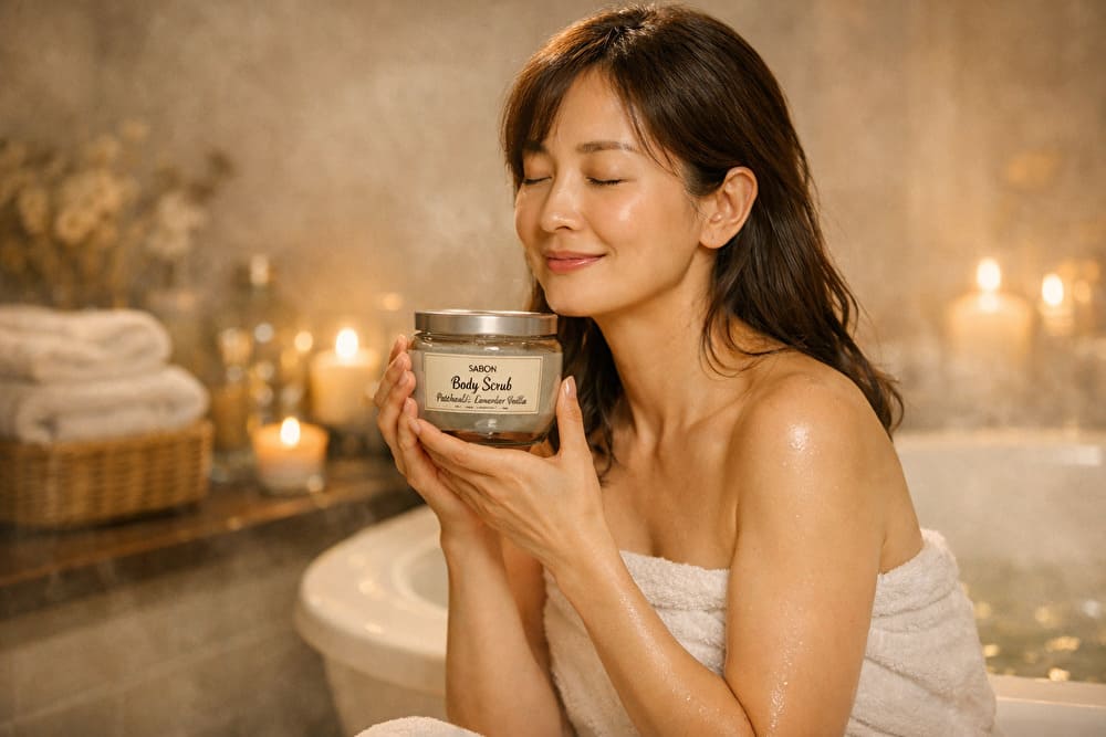 バスルームでタオルを巻いた女性が、SABONのボディスクラブ「パチュリ・ラベンダー・バニラ」の瓶を両手で優しく持ち、目を閉じて香りを楽しんでいる様子。背景にはキャンドルが灯り、柔らかな光が漂う癒しの空間が広がっている。