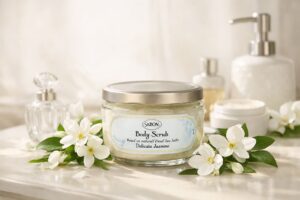 SABONのデリケート・ジャスミンのボディスクラブが白いジャスミンの花と共に明るいバニティテーブルに置かれている。柔らかな朝の光に包まれた上品で穏やかな雰囲気の写真。