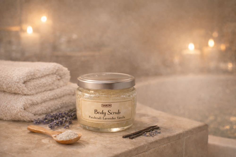 浴室にSABON ボディスクラブ パチュリ・ラベンダー・バニラ、その横にやわらかいタオルが置いてある